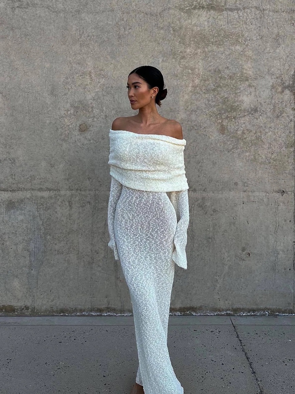 Meshki Ivory Off-Shoulder Textured Maxi Dress